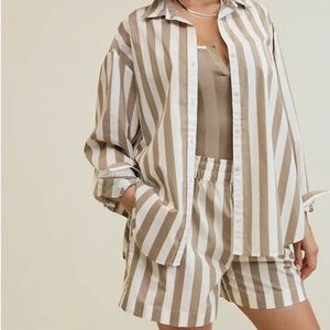 aerie Beige and White Striped Button-Down Shirt